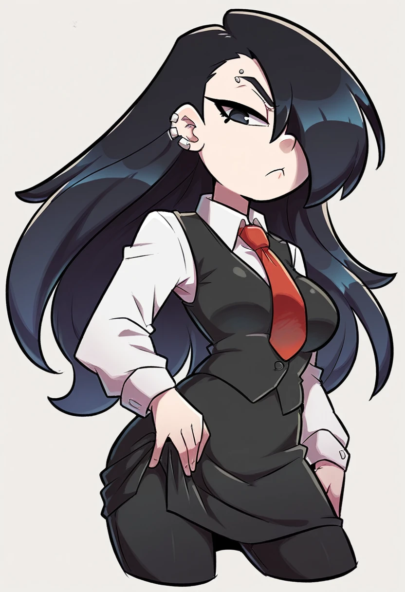 score_9, score_8_up, score_7_up, expressive eyes, perfect face, 1girl, solo, long hair, breasts, looking at viewer, skirt, simple background, shirt, black hair, long sleeves, closed mouth, white shirt, cowboy shot, necktie, collared shirt, hair over one eye, black vest, black pants, frown, piercing, half-closed eyes, red necktie, cropped legs, one eye covered