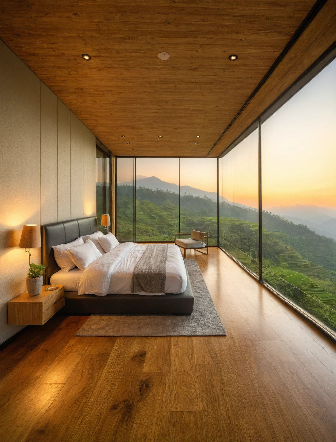 Raw photo,Masterpiece, high quality, best quality, authentic, super detail, interior, indoors, bedroom style tropical , view Mu Cang Chai's rice terraces  , sunset, day light, bed, lamp, carpet, bedside cabinets, flower vase, wooden floor ,glass windows, downlight, armchair , golden ripe rice, (terraces)