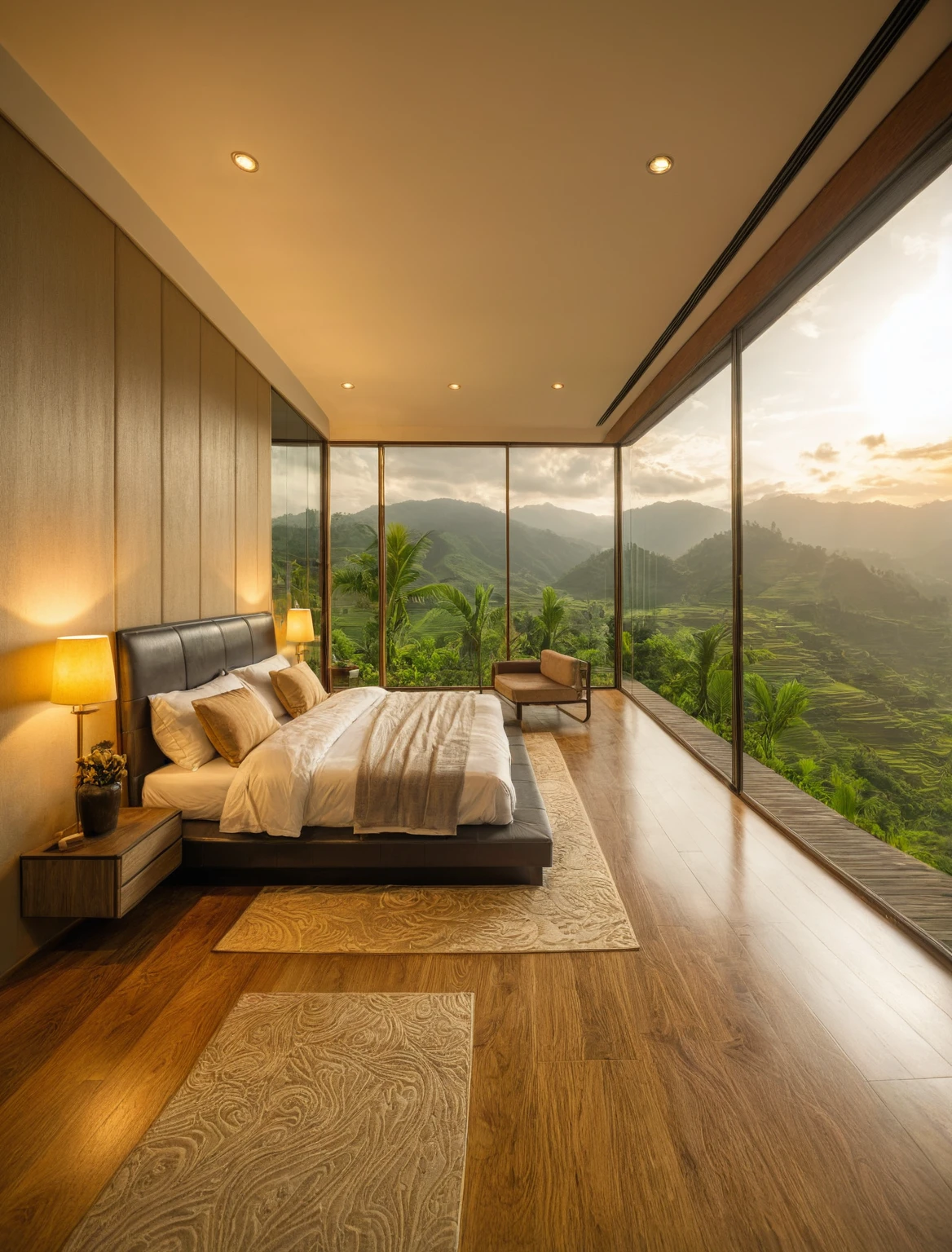 Raw photo,Masterpiece, high quality, best quality, authentic, super detail, interior, indoors, bedroom style tropical , view Mu Cang Chai's rice terraces , sunset, day light, bed, lamp, carpet, bedside cabinets, flower vase, wooden floor ,glass windows, downlight, armchair , golden ripe rice, (terraces)