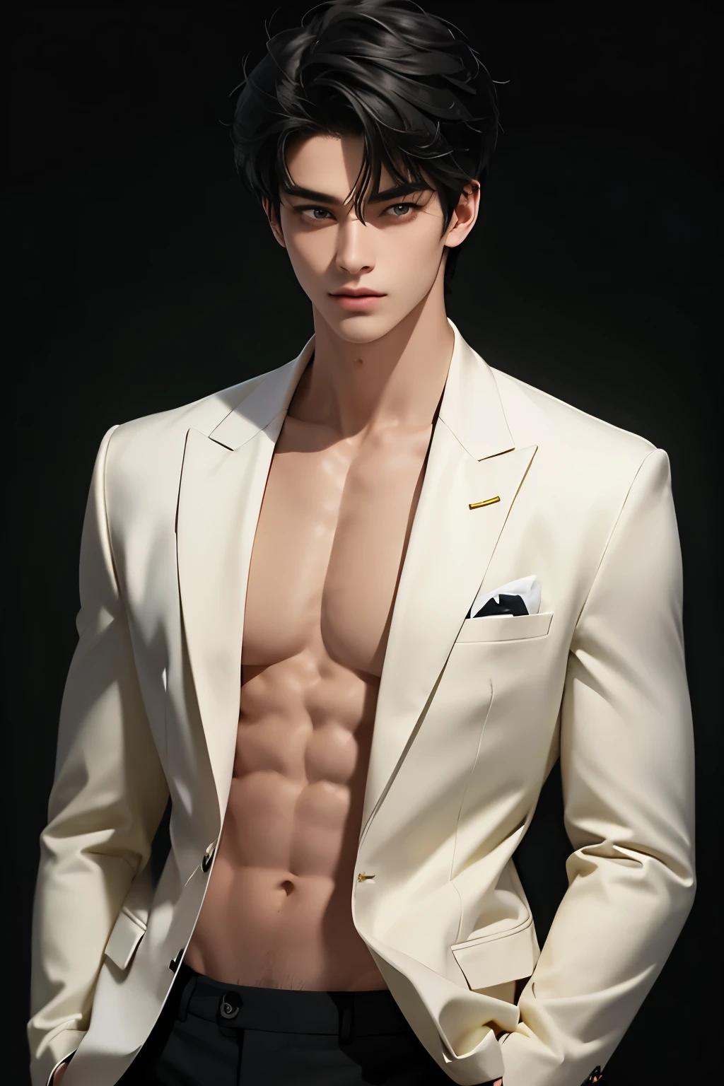 18-year-old、student、Greenish-black hair、Short Hair、Muscular body、Wearing a white blazer、Yellow Eyes