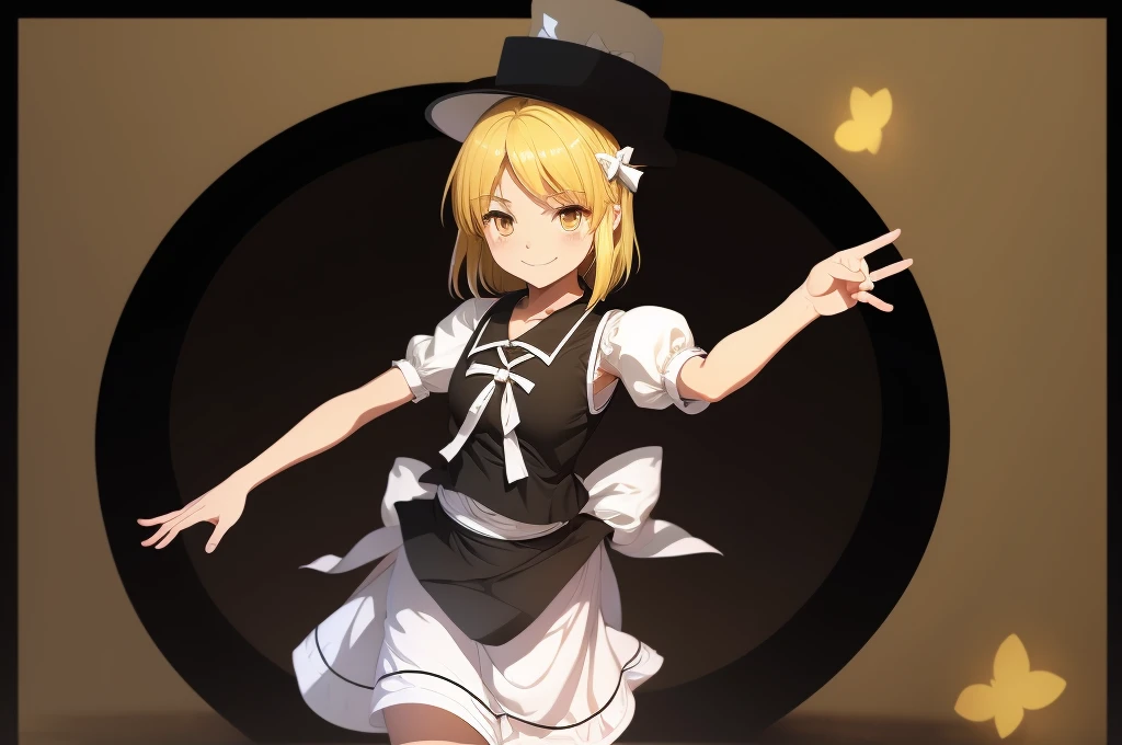 1girl, , , masterpiece, best quality, 10 years old, medium blonde hair, forehead visible bags, yellow eyes, hat, heart, black headwear, puffy short sleeves, log black skirt, heart hads,,1girl, solo, yellow eyes, yellow hair, bow, hat bow, socks, black footwear, black skirt, short sleeves, yuki (touhou), black vest, white sleeves, frill skirt, light smile