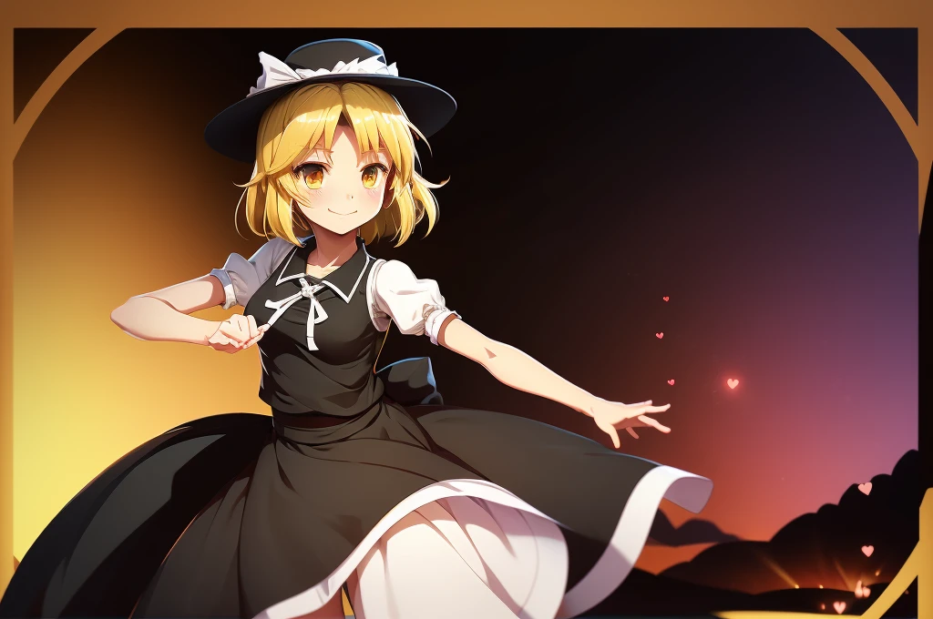 1girl, , , masterpiece, best quality, 10 years old, medium blonde hair, forehead visible bags, yellow eyes, hat, heart, black headwear, puffy short sleeves, log black skirt, heart hads,,1girl, solo, yellow eyes, yellow hair, bow, hat bow, socks, black footwear, black skirt, short sleeves, yuki (touhou), black vest, white sleeves, frill skirt, light smile