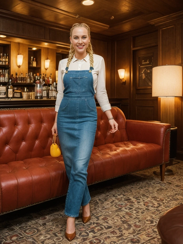 solo, realistic, photorealistic, natural lighting, (large forehead, (((Latvian woman))), (((Latvian nose))), (((Latvian eyes))), (((blonde))), (((braids))), (((Latvian face))), (((Latvian lips))), (((Latvian body))), (((fair complexion))) pose: standing, smiling, wearing Plaid Pinafore Dress, cleavage, background: Stepping into The Retro Lounge feels like entering a time warp to the 1970s. The interior is adorned with shag carpeting, lava lamps, and vintage vinyl record covers adorning the walls. Low-slung couches and bean bag chairs offer comfortable seating around low coffee tables adorned with ashtrays and classic board games. The bar itself is a sleek, mirrored fixture serving up retro-inspired cocktails and nostalgic favorites like Harvey Wallbangers and Grasshoppers. Patrons embrace the laid-back vibe, sipping drinks and grooving to the sounds of disco and classic rock spun by a DJ in bell-bottom jeans.