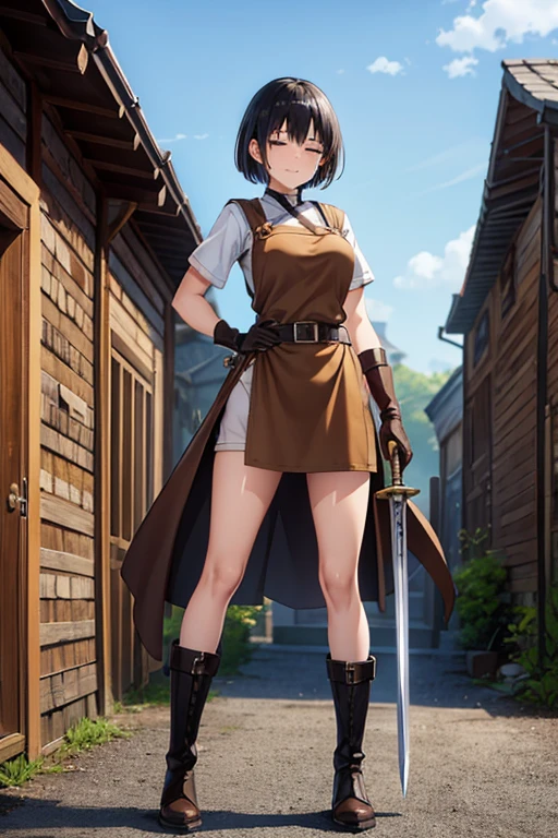 Anime Art、Full body portrait、Blacksmiths in the fantasy world、A woman around 20 years old, around 165cm tall, wearing a brown leather apron and shorts, standing upright with a long sword in her hand、Both eyes closed、Crying expression、Hairstyle: Short bob、Black Hair、gloves、Sweating、White lumbar girdle、boots