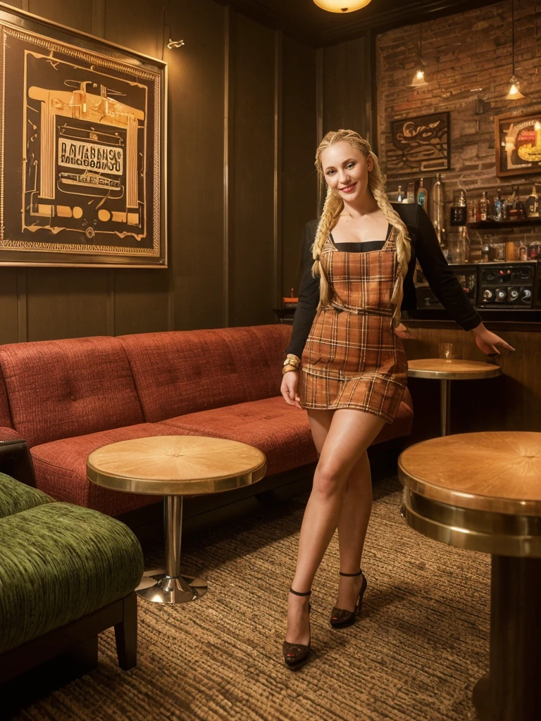 solo, realistic, photorealistic, natural lighting, (large forehead, (((Latvian woman))), (((Latvian nose))), (((Latvian eyes))), (((blonde))), (((braids))), (((Latvian face))), (((Latvian lips))), (((Latvian body))), (((fair complexion))) pose: standing, smiling, wearing Plaid Pinafore Dress, cleavage, background: Stepping into The Retro Lounge feels like entering a time warp to the 1970s. The interior is adorned with shag carpeting, lava lamps, and vintage vinyl record covers adorning the walls. Low-slung couches and bean bag chairs offer comfortable seating around low coffee tables adorned with ashtrays and classic board games. The bar itself is a sleek, mirrored fixture serving up retro-inspired cocktails and nostalgic favorites like Harvey Wallbangers and Grasshoppers. Patrons embrace the laid-back vibe, sipping drinks and grooving to the sounds of disco and classic rock spun by a DJ.