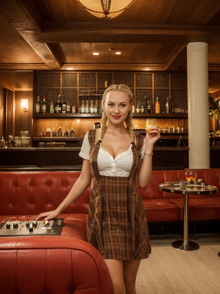 solo, realistic, photorealistic, natural lighting, (large forehead, (((Latvian woman))), (((Latvian nose))), (((Latvian eyes))), (((blonde))), (((braids))), (((Latvian face))), (((Latvian lips))), (((Latvian body))), (((fair complexion))) pose: standing, smiling, wearing Corset-Style Dress , cleavage, , background:A timeless whiskey bar steeped in history and tradition, with leather armchairs, mahogany furnishings, and a collection of rare spirits lining the shelves. The ambiance is warm and inviting, with live jazz music and the aroma of aged oak. Guests can savor premium whiskey flights and classic cocktails.