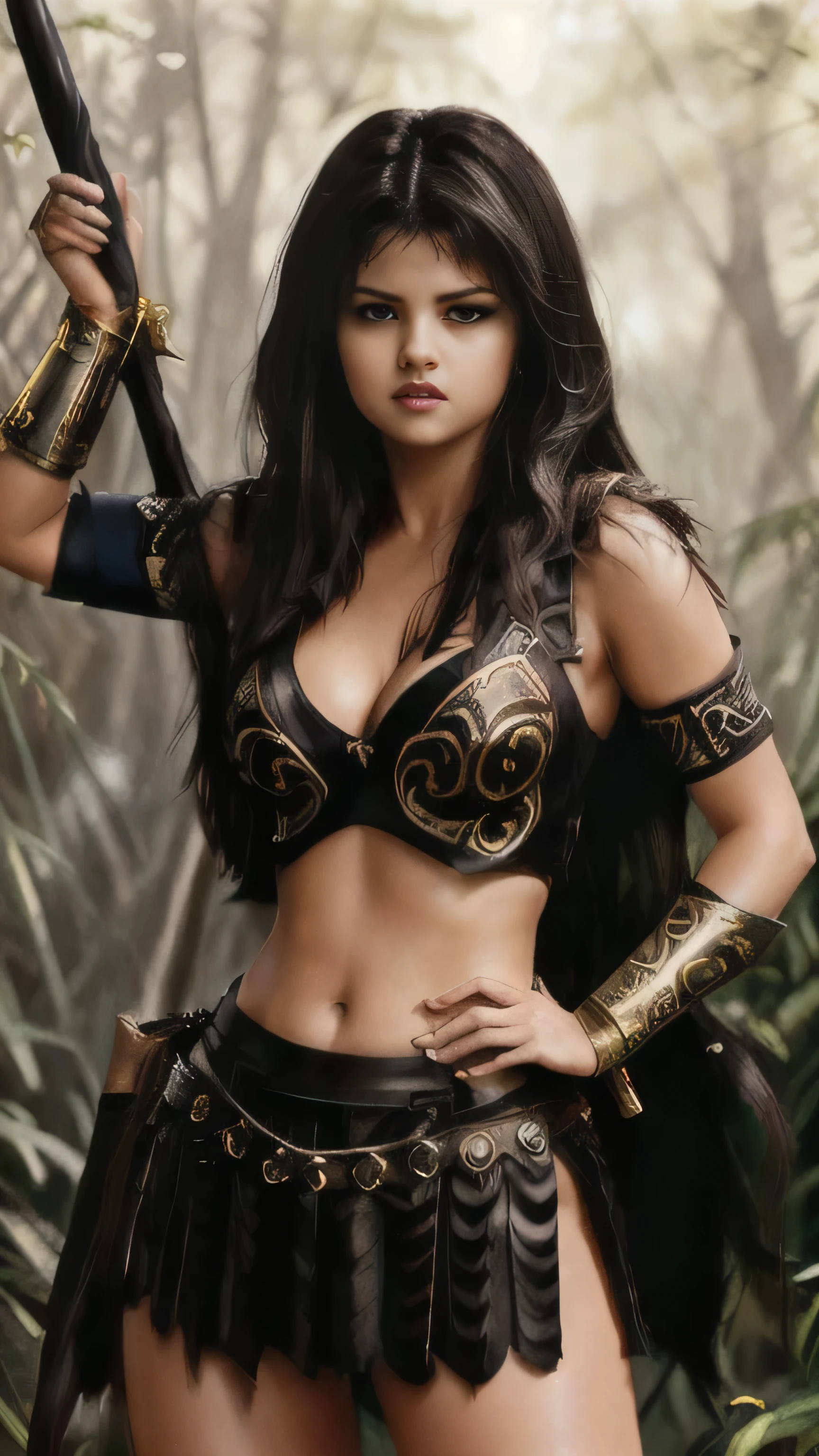 (Selena Gomez) as Xena, warrior princess, black long hair, bangs, dark brown armor, golden patterns, midriff, navel, hihg knee boots on heels, staff, standing, in the forest, 1woman, solo, full body view, front view, looking at viewer, intricate, high detail, sharp focus, dramatic, photorealistic painting art by greg rutkowski