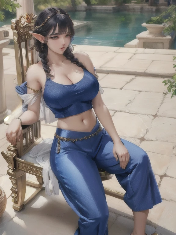 (from_more than:0.2), 1 girl, Full body portrait, (Crist 3n) Women are magic elves (Wearing a magical crop top and harem pants), , Short hair braids, Large 高跟鞋, Intricate details, Ultra HD, Natural Lighting, Perfect anatomical structure, ((Accurate face)), Precise features, Sitting on the throne, Parthenon in Greece, 8K photorealism, , Nikon D750, SFW, wear clothes, solitary ((Full and soft breastsLarge Breasts))) (((e)))