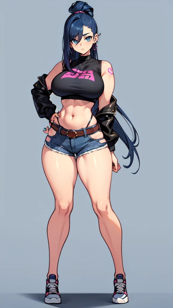 (blank background), (((full body framing))), standing, (masterpiece), (best quality), huge girl, (muscular girl:0.8), (thin hair:1.7), (long blue jeans), massive breast, hair over one eye:1.4, sport bra, (fuchsia hair), belt under navel, sneakers, ((long legs:1.6)), rock band shirt, cute:1.8, adorable:1.8, leather jacket, cyberpunk girl, ear piercings, earrings, tatoo, (very curvy:1.3), 1girl, solo, (curvy:1.4)