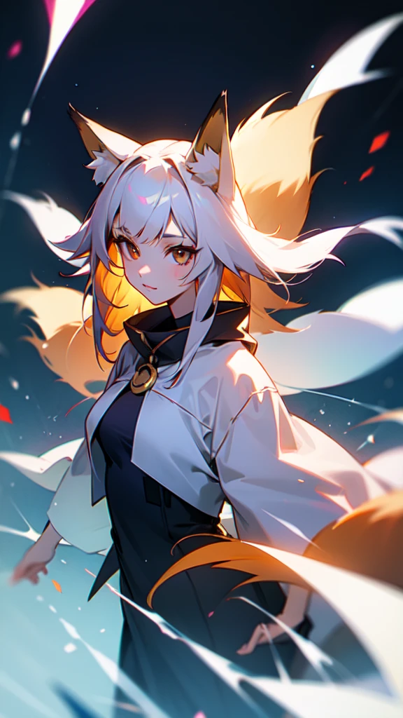 Chinese style flat illustration, fox demon shape, fox ears and fox tail, Ming Dynasty Hanfu, gentle and elegant temperament, movie feel, Japanese otome game style, ultra high definition, 8K, best quality, super detailed, blank ink style, exquisite details , big eyes and double eyelids, Rembrandt lighting style, ancient Chinese artist Qiu Ying style, martial arts elements, white background, close-up, a sense of calm and tranquility. --ar 3:4 --q2 --niji 5