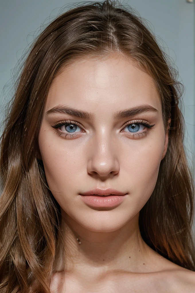 Realistic photo of beautiful 20-year-old woman with model appearance, sophisticated face, small thin nose, thick lips, thick dark eyebrows, high cheekbones, light blue almond eyes, long and dark eyelashes, blonde hair, instagram influencer, light makeup. Head and shoulders portrait. Hyperdetailed.