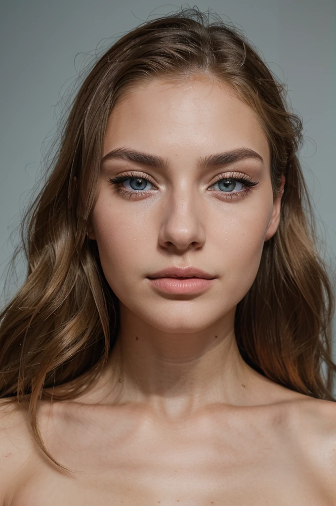 Realistic photo of beautiful 20-year-old woman with model appearance, sophisticated face, small thin nose, thick lips, thick dark eyebrows, high cheekbones, light blue almond eyes, long and dark eyelashes, blonde hair, instagram influencer, light makeup. Head and shoulders portrait. Hyperdetailed.