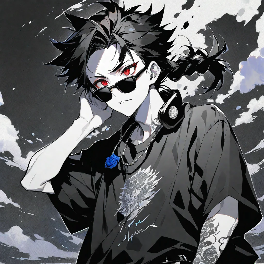 Solo,handsome, monochrome,watercolor,1 male, Ponytail, Braided black hair, red eyes, Gojo Satoru,casual,Blue Rose Tattoo,black Oversized 服,casual,Stylish,cool,Wear sunglasses around your neck,Void,look up,
blackbackground,İcon,Despise face up