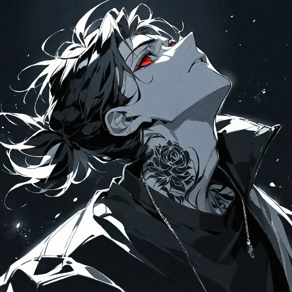 Solo,handsome, monochrome,watercolor,1 male, Ponytail, Braided black hair, red eyes, Gojo Satoru,casual,Blue Rose Tattoo,black Oversized 服,casual,Stylish,cool,Wear sunglasses around your neck,Void,look up,
blackbackground,İcon,Despise face up