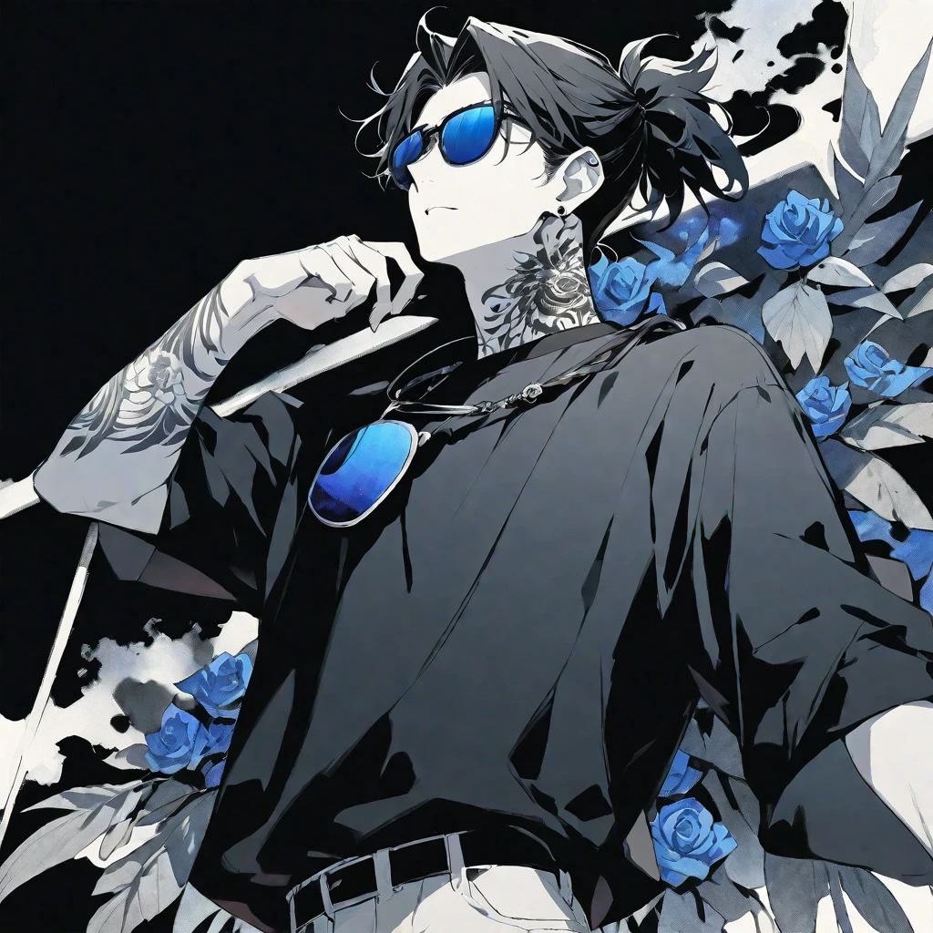 Solo,handsome, monochrome,watercolor,1 male, Ponytail, Braided black hair, red eyes, Gojo Satoru,casual,Blue Rose Tattoo,black Oversized 服,casual,Stylish,cool,Wear sunglasses around your neck,Void,look up,
blackbackground,İcon,Despise face up