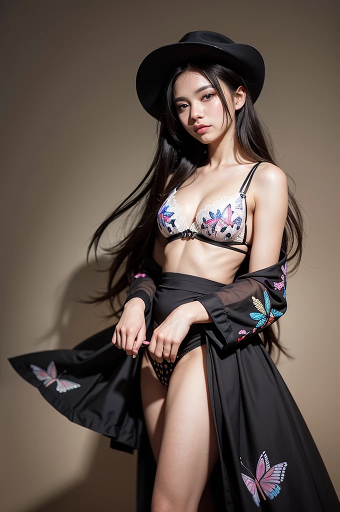 Masterpiece, absurdres,HDR, wallpaper quality ,highly detailed eyes and face,smiling, excited, [OPSW|butterfly_top], a woman in a black swimsuit and a strawhat on the beach , wearing [OPSW|butterfly_top],with frills, tattoos,V shaped cleavage,  (butterfly design embroidery:1.2),   