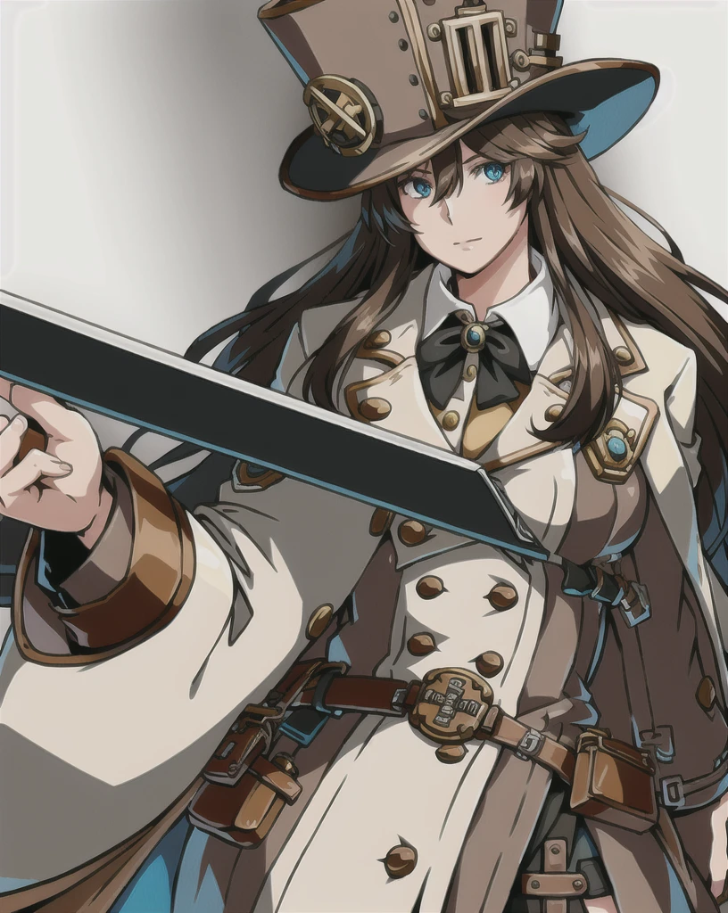 brown hair, steampunk, long hair, 1 girl, top hat, holding rifle