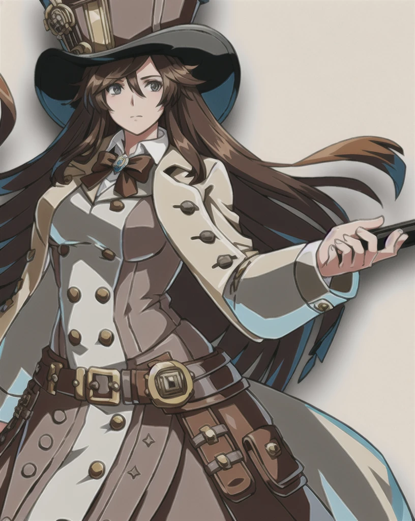 brown hair, steampunk, long hair, 1 girl, top hat, holding rifle