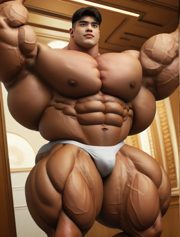 1boy, giant, bodybuilder pose, cameras light, strong body, bulk, large size, stand, armpit, on the red carpets show, nude, white triangular underwear, prominent bulge, big, brutalmass, giant, muscular body, bulk, buff, massive body, large meaty body size