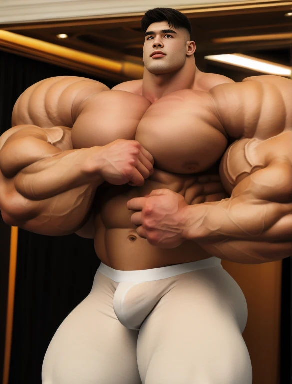 1boy, giant, bodybuilder pose, cameras light, strong body, bulk, large size, stand, armpit, on the red carpets show, nude, white triangular underwear, prominent bulge, big, brutalmass, giant, muscular body, bulk, buff, massive body, large meaty body size