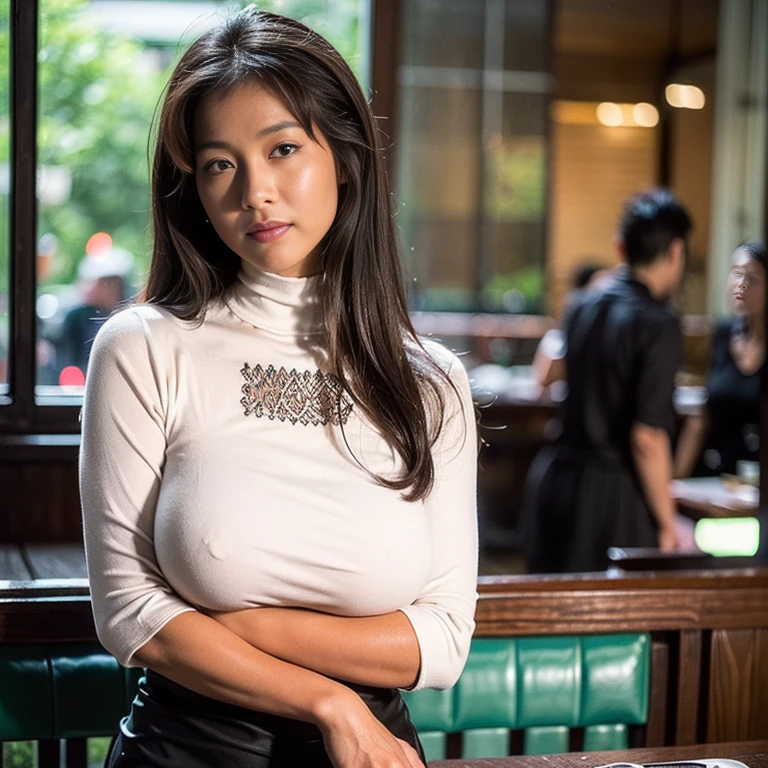 (extreme wide shot:1.5),(thai Women),(cafe:1.5),(Detailed Background:2),(huge breast:1.5),(mock neck top:1.5),(It's raining outside the window:1.3),darkskinned,top-quality,(((masutepiece))),8K,((Photorealsitic))),