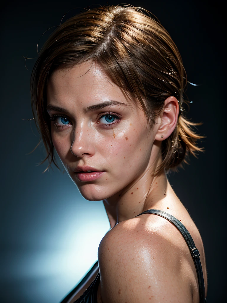 (best quality, masterpiece, highest detailed), (photorealistic:1.2), (detailed light:1.2), (Realistic skin texture:1.4), raw photo, horror style, professional portrait, Jill Valentine,