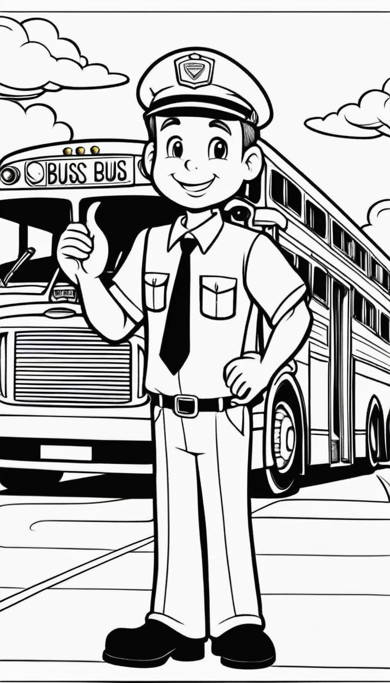 A cute bus driver in front the bus, cartoon, ,Coloring Book, ColoringBookAF,