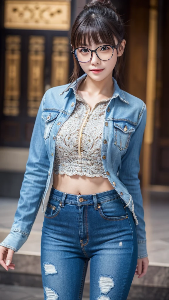 A woman with the same face as last time，４Ｋ、１Man Woman、Slender Abs、Loose wavy styling、Please express it beautifully in every detail............having clothes are worn、Wearing a cutter shirt、Casual Suit、wearing a denim pants、is standing、full body Esbian.Attractive position、 Including face and skin texture.，Detailed eyes，Seducting look