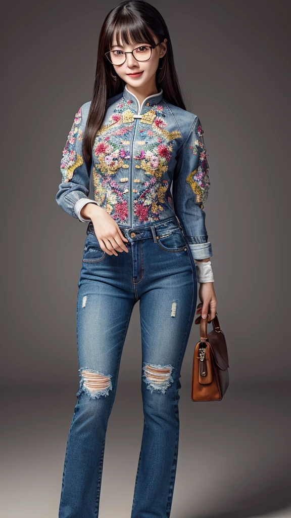 A cute Chinese girl with glasses, wearing tight jeans, highly detailed facial features, intricate clothing textures, photorealistic, 8k, masterpiece bladder bulge