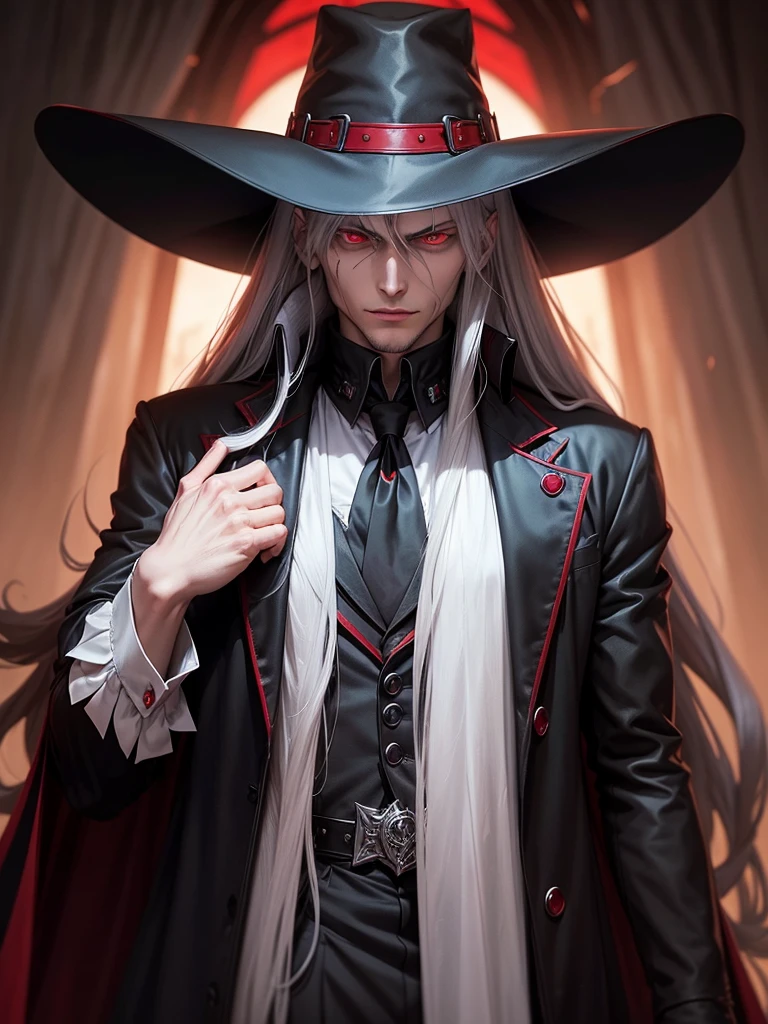 Alucard, from "Hellsing", is a powerful vampire who serves the Hellsing organization. Alucard is tall and imposing, with a slender physique. He has long black hair, bright red eyes, and often wears a red hat and round sunglasses. His signature outfit includes a black suit, a red tie, and a long red coat. Alucard is arrogant, sadistic and likes to humiliate his enemies before destroying them. However, he is also extremely loyal to the leader of the Hellsing organization, Integra Hellsing, and demonstrates a complex code of honor. He appreciates strong opponents and has a distorted view of what is fair and right
