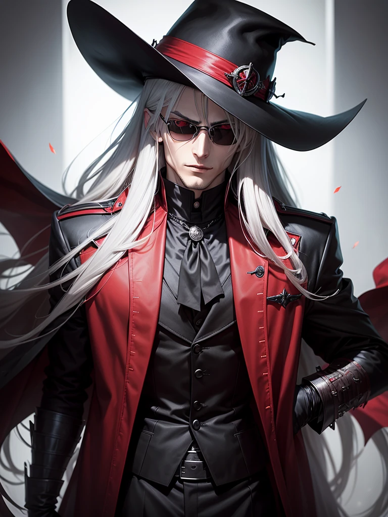 Alucard, from "Hellsing", is a powerful vampire who serves the Hellsing organization. Alucard is tall and imposing, with a slender physique. He has long black hair, bright red eyes, and often wears a red hat and round sunglasses. His signature outfit includes a black suit, a red tie, and a long red coat. Alucard is arrogant, sadistic and likes to humiliate his enemies before destroying them. However, he is also extremely loyal to the leader of the Hellsing organization, Integra Hellsing, and demonstrates a complex code of honor. He appreciates strong opponents and has a distorted view of what is fair and right