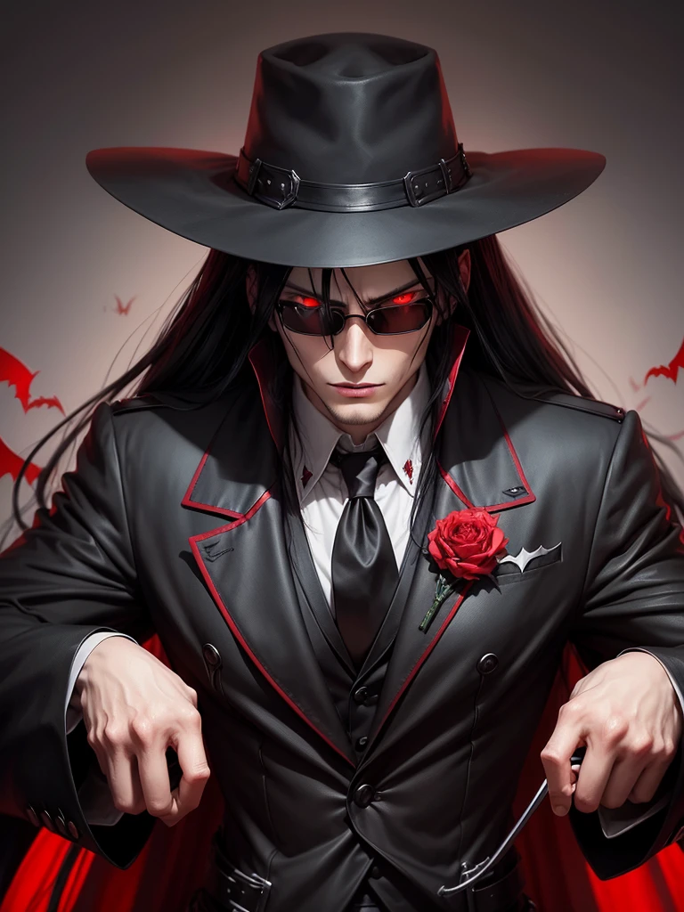 Alucard, from "Hellsing", is a powerful vampire who serves the Hellsing organization. Alucard is tall and imposing, with a slender physique. He has long black hair, bright red eyes, and often wears a red hat and round sunglasses. His signature outfit includes a black suit, a red tie, and a long red coat. Alucard is arrogant, sadistic and likes to humiliate his enemies before destroying them. However, he is also extremely loyal to the leader of the Hellsing organization, Integra Hellsing, and demonstrates a complex code of honor. He appreciates strong opponents and has a distorted view of what is fair and right