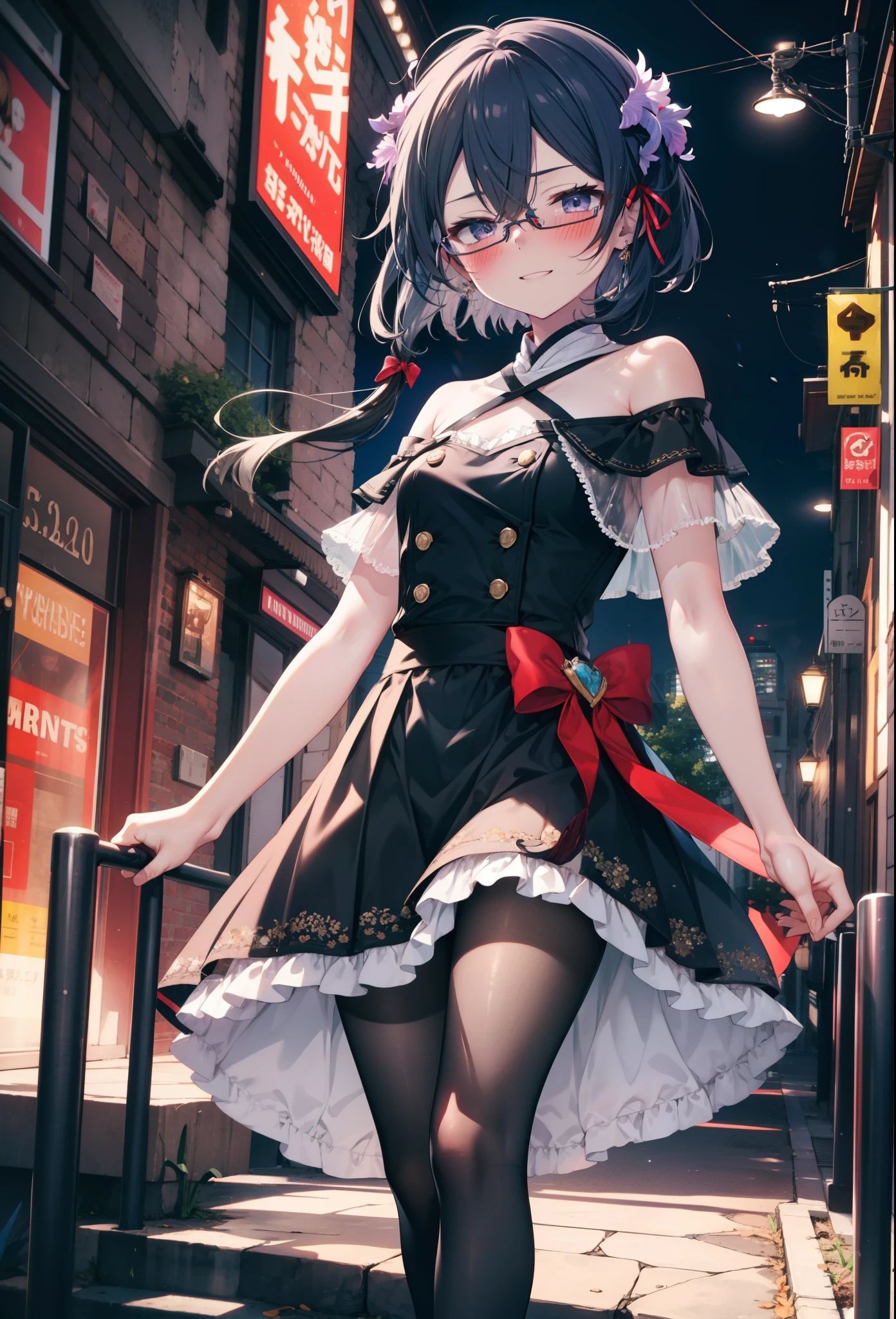 chino asada, Shino Asada, (Iris:1.5), Black Hair, Hair between the eyes, hair ribbon, short hair, Side Lock, Glasses, (Small breasts:1.2),happy smile, smile, Open your mouth,blush,Cold shoulder tops,Short sleeve,Long skirt,Black pantyhose,Stiletto heels,Walking,whole bodyがイラストに入るように,
break looking at viewer,whole body,
break outdoors, Building district,
break (masterpiece:1.2), Highest quality, High resolution, unity 8k wallpaper, (figure:0.8), (Beautiful attention to detail:1.6), Highly detailed face, Perfect lighting, Highly detailed CG, (Perfect hands, Perfect Anatomy),