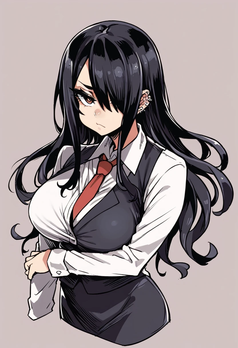 score_9, score_8_up, score_7_up, expressive eyes, perfect face, 1girl, solo, long hair, breasts, looking at viewer, skirt, simple background, shirt, black hair, long sleeves, closed mouth, white shirt, cowboy shot, necktie, collared shirt, hair over one eye, black vest, black pants, frown, piercing, half-closed eyes, red necktie, cropped legs, one eye covered