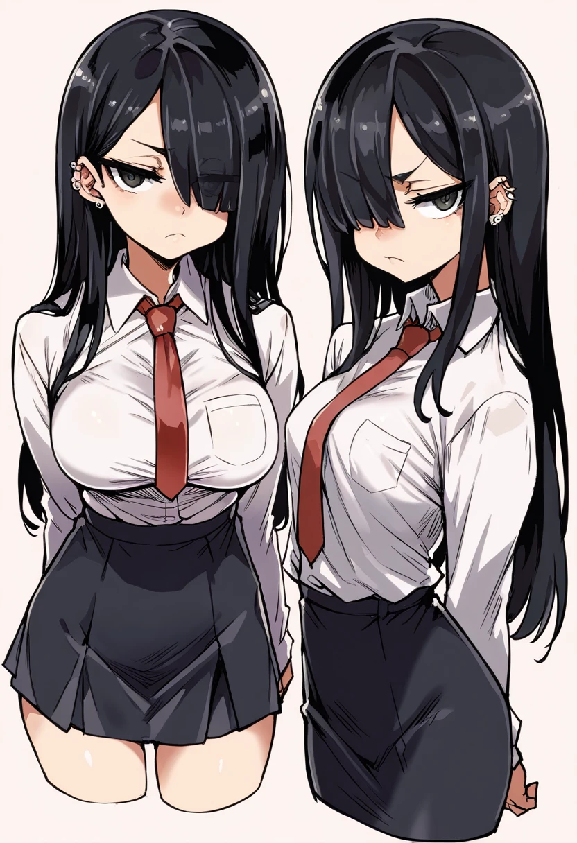 score_9, score_8_up, score_7_up, expressive eyes, perfect face, 1girl, solo, long hair, breasts, looking at viewer, skirt, simple background, shirt, black hair, long sleeves, closed mouth, white shirt, cowboy shot, necktie, collared shirt, hair over one eye, black vest, black pants, frown, piercing, half-closed eyes, red necktie, cropped legs, one eye covered