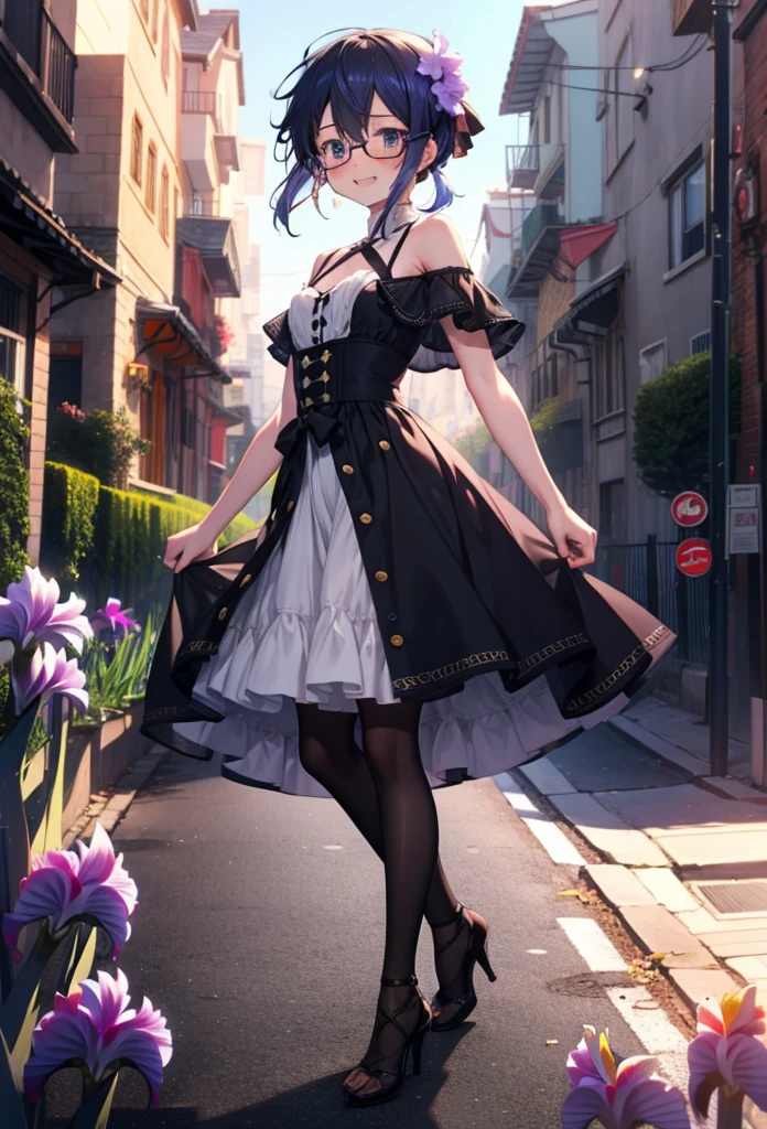 chino asada, Shino Asada, (Iris:1.5), Black Hair, Hair between the eyes, hair ribbon, short hair, Side Lock, Glasses, (Small breasts:1.2),happy smile, smile, Open your mouth,blush,Cold shoulder tops,Short sleeve,Long skirt,Black pantyhose,Stiletto heels,Walking,whole bodyがイラストに入るように,
break looking at viewer,whole body,
break outdoors, Building district,
break (masterpiece:1.2), Highest quality, High resolution, unity 8k wallpaper, (figure:0.8), (Beautiful attention to detail:1.6), Highly detailed face, Perfect lighting, Highly detailed CG, (Perfect hands, Perfect Anatomy),