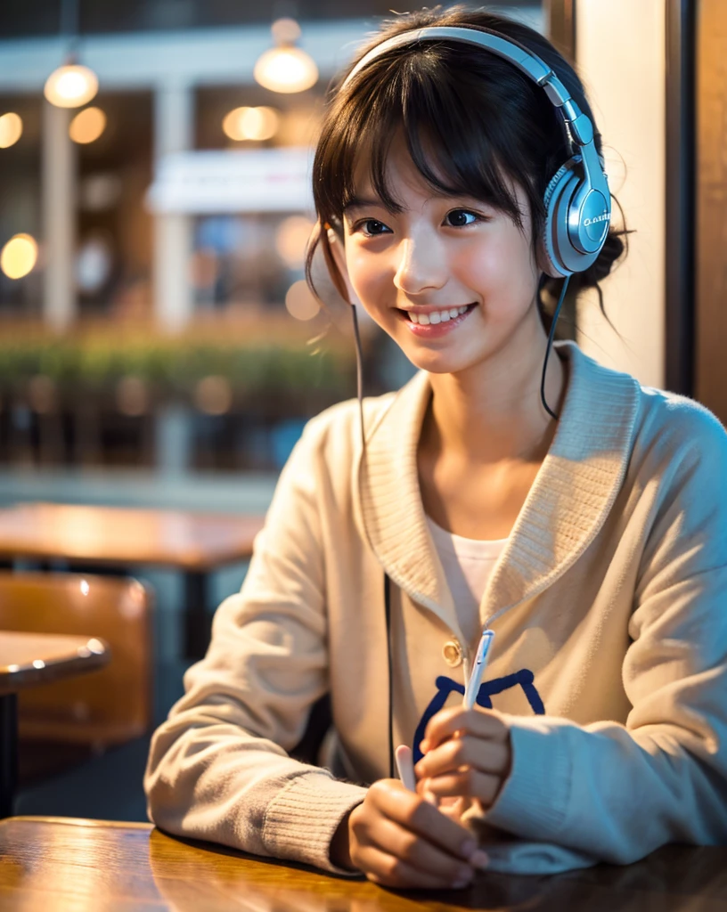 Ultra HD、128k、masterpiece、Cute little girl studying in a coffee shop while listening to music on headphones、clavicle, RAW Photo、pretty girl、Hands on headphones, Warm lighting、Beautiful night view、Japanese anime style、Looking at this, smile, Smile