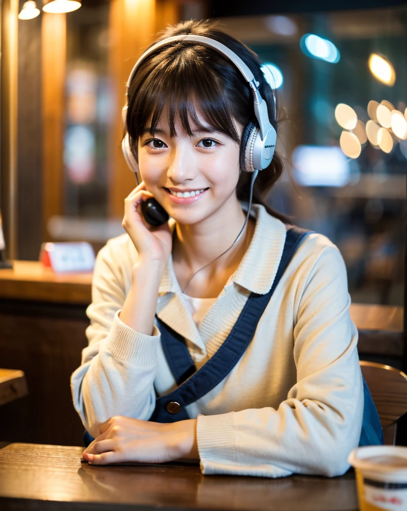 Ultra HD、128k、masterpiece、Cute little kindergarten girl studying in a coffee shop while listening to music on headphones、clavicle, RAW Photo、pretty girl、Hands on headphones, Warm lighting、Beautiful night view、Japanese anime style、Looking at this, smile, Smile