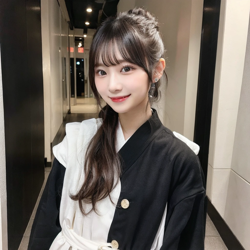 Draw a female idol singer being interviewed。She is Japanese。19years old。cute。Hair color is black。The hairstyle is a ponytail。The face has a smiling expression。The costume is white and frilly.。Being interviewed while being photographed。The location is a corridor with black walls.。