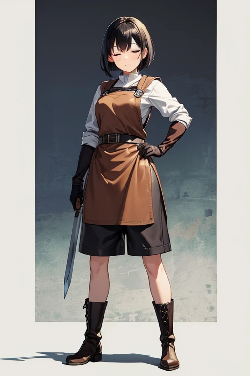 Anime Art、Full body portrait、Blacksmiths in the fantasy world、A woman around 20 years old, around 165cm tall, wearing a brown leather apron and shorts, standing upright with a long sword in her hand、Both eyes closed、Crying expression、Hairstyle: Short bob、Black Hair、gloves、Sweating、White lumbar girdle、boots