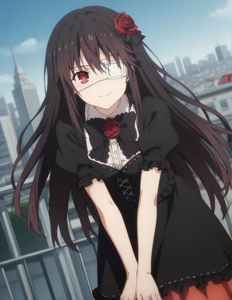 score_9, score_8_up, score_7_up, source_anime,
kurumitokisaki, kurumi tokisaki, black hair, red eyes, long hair,
bangs, hair ornament, dress, flower, short sleeves, frills, hair flower, black dress, rose, eyepatch, red flower, red rose, medical eyepatch, frilled dress, puffy sleeves,
outdoors, cityscape, bent over, smile,
looking at viewer, solo, cowboy shot, dutch angle,