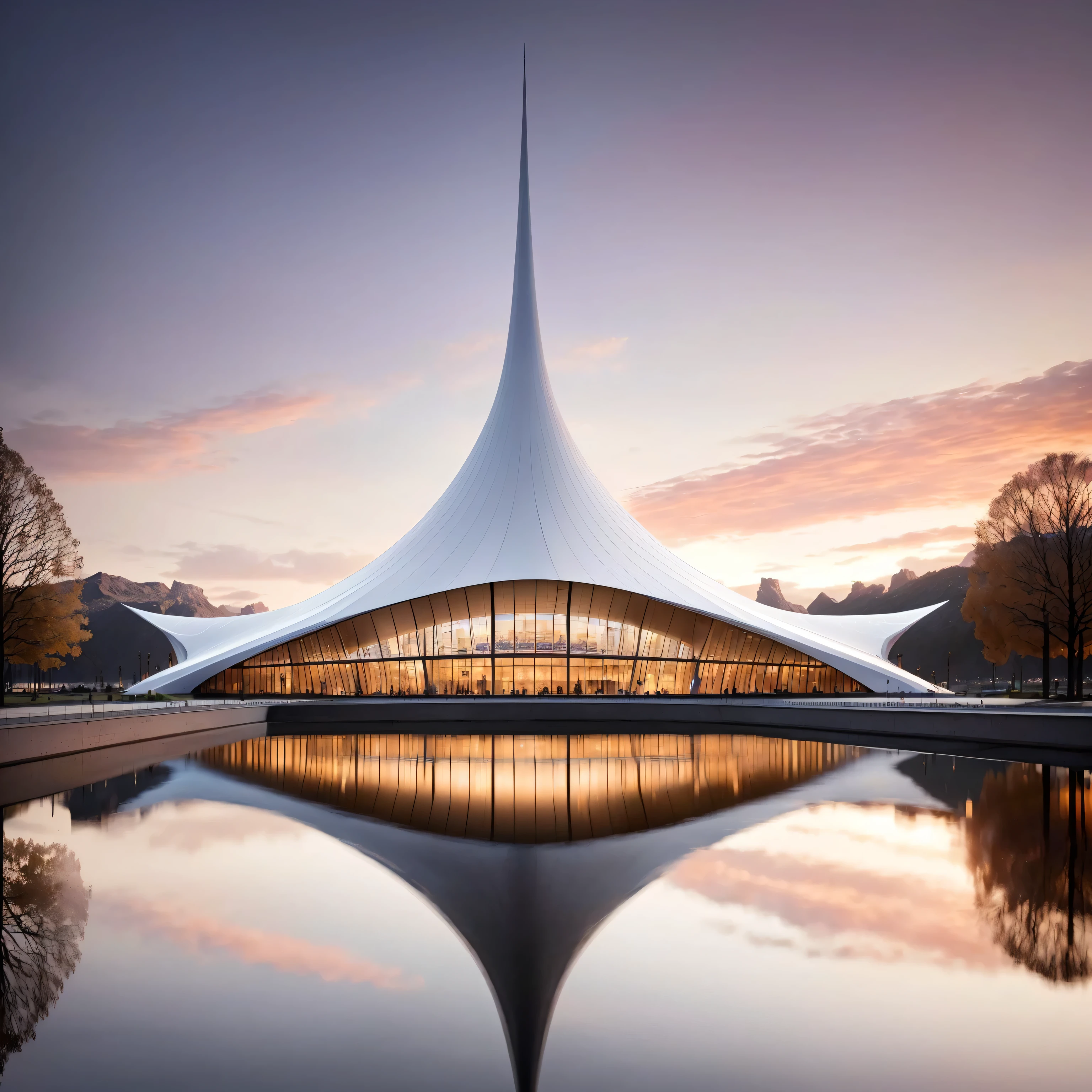 Araf building with spires and reflection in water, Futuristic Church, futuristic utopian architecture, by Zha Shibiao, Futuristic architecture, Futuristic architecture, author:Kurt Roesch, Futuristic Palace, Futuristic architecture concept, detailed Futuristic architecture, Architectural Rendering, inspirational architecture, Architectural Visualization, High-quality architectural art, Architectural Rendering,Smooth surface