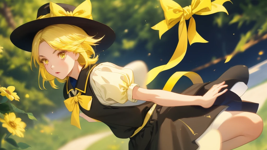 1girl, , , masterpiece, best quality, 10 years old, medium blonde hair, forehead visible bags, yellow eyes, hat, heart, black headwear, puffy short sleeves, log black skirt, heart hads,,1girl, solo, yellow eyes, yellow hair, bow, hat bow, socks, black footwear, black skirt, short sleeves, yuki (touhou), black vest, white sleeves, frill skirt, light smile