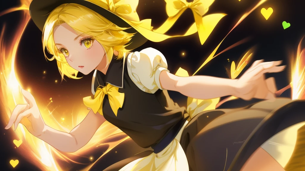 1girl, , , masterpiece, best quality, 10 years old, medium blonde hair, forehead visible bags, yellow eyes, hat, heart, black headwear, puffy short sleeves, log black skirt, heart hads,,1girl, solo, yellow eyes, yellow hair, bow, hat bow, socks, black footwear, black skirt, short sleeves, yuki (touhou), black vest, white sleeves, frill skirt, light smile