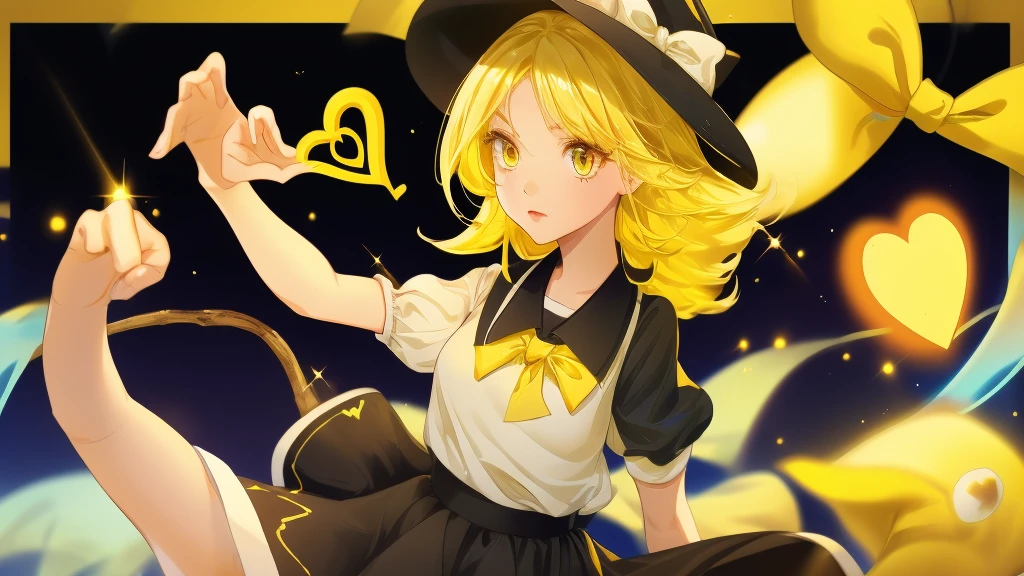 1girl, , , masterpiece, best quality, 10 years old, medium blonde hair, forehead visible bags, yellow eyes, hat, heart, black headwear, puffy short sleeves, log black skirt, heart hads,,1girl, solo, yellow eyes, yellow hair, bow, hat bow, socks, black footwear, black skirt, short sleeves, yuki (touhou), black vest, white sleeves, frill skirt, light smile