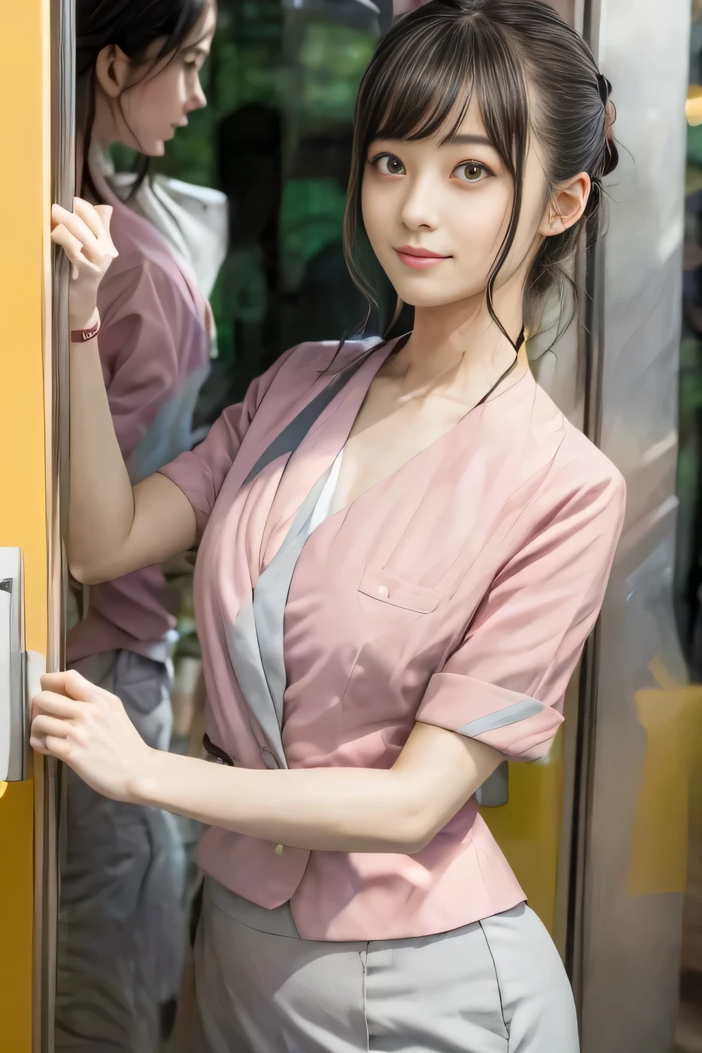(masterpiece:1.2, Highest quality:1.2), 32k HDR, High resolution, (alone、1 girl)、 (Height: 160cm)、(On the rooftop of a building in the daytime、Professional Lighting)、Building rooftop background、(Nankai train crew uniform pinkを着たリアルスタイル)、(Nankai train crew uniform pink short sleeve collarless pink jacket、Nankai Train Crew Uniform Pink Collarless Short Sleeve Blouse、Nankai Train Crew Uniform Pink Grey Knee-length Culottes)、(The pink jacket is showing from the culottes.)、Dark brown hair、(Hair tied up、Hair tied up、Evening curly hairstyle)、Dark brown hair、Long Shot、Big Breasts、Thin legs、((Great hands:2.0)),((Harmonious body proportions:1.5)),((Normal limbs:2.0)),((Normal finger:2.0)),((Delicate eyes:2.0)),((Normal eyes:2.0)))、smile、(Nankai Train Crew Uniform Pink Grey Knee-length Culottesを見せた美しい歩く姿)、Place your hands around your stomach、Lanyard employee ID card