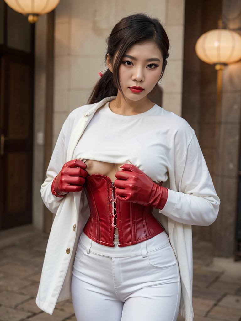 ((best quality)), ((masterpiece)), (4k details), (((Asian woman))), Not obscene , double tail hairstyle, big muscles, White cotton, long sleeve Outside wearing a corset, leather pants, red lipstick, eyes looking into the camera, red leather gloves ,    