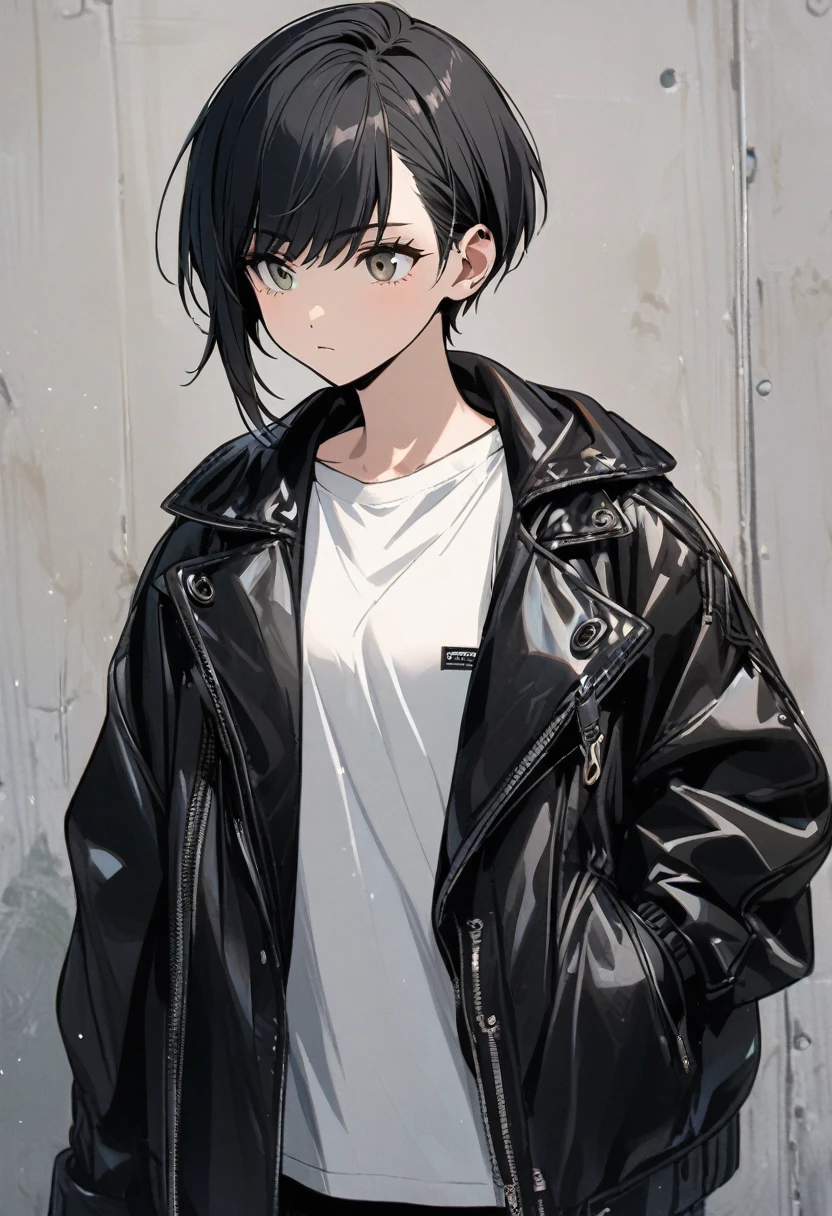 black hair, white shirt, jacket, 1girl, short hair, boyish, stylish