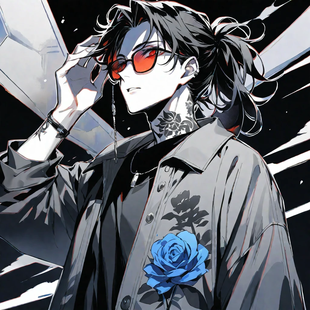 Solo,handsome, monochrome,watercolor,1 male, Ponytail, Braided black hair, red eyes, Gojo Satoru,casual,Blue Rose Tattoo,black Oversized 服,casual,Stylish,cool,Wear sunglasses around your neck,Void,look up,
blackbackground,İcon,Despise face up