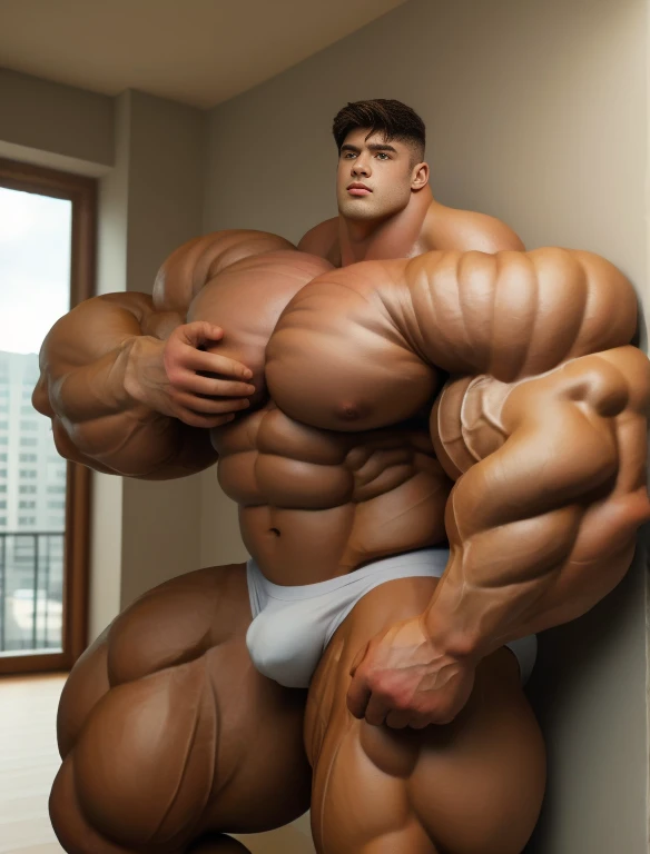 1man, giant, bodybuilder pose, illuminating light, strong body, bulk, large size, leaning on the wall, nude, white triangular underwear, prominent bulge, big, brutalmass, giant, muscular body, bulk, buff, massive body, large meaty body size